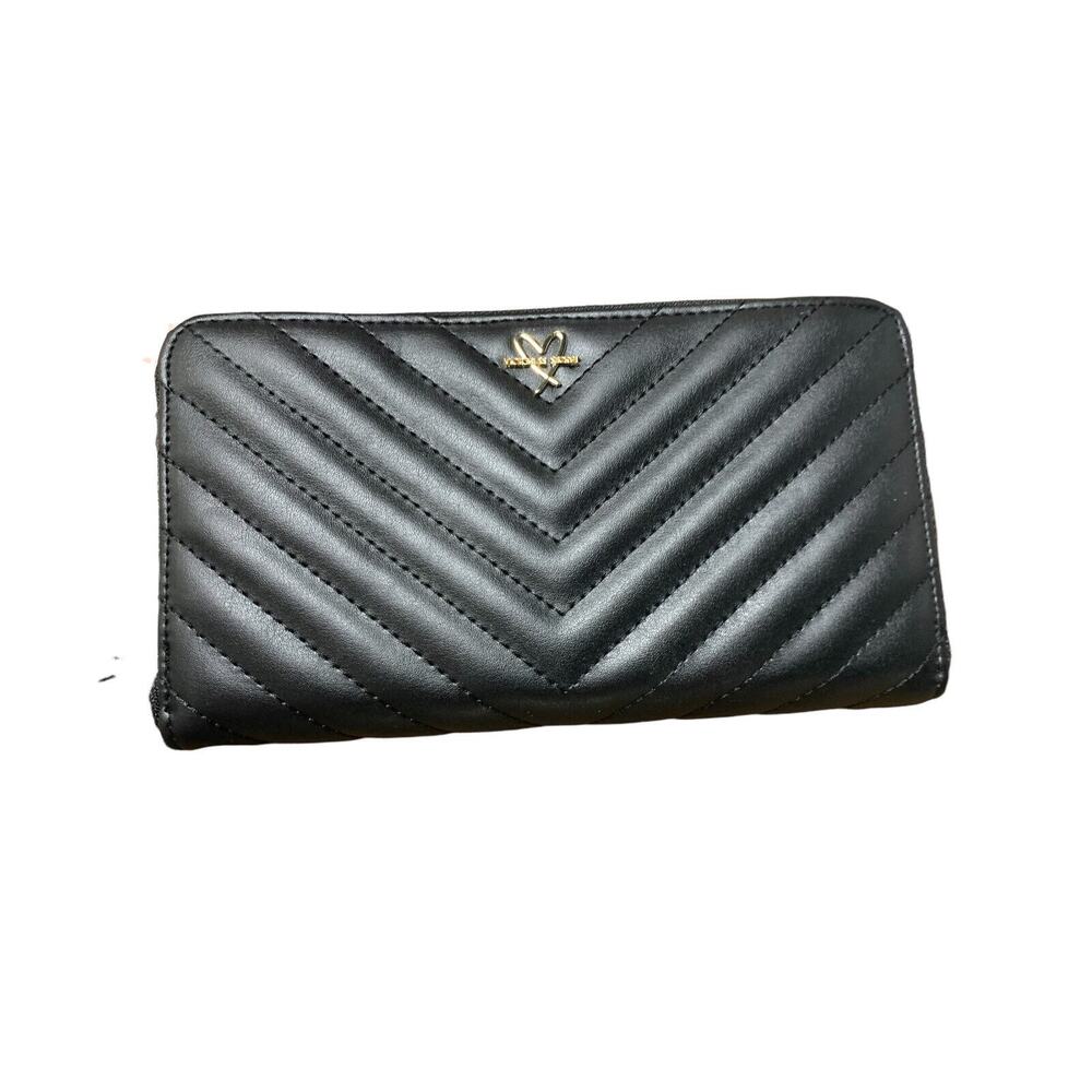 Victoria's Secret Large V-Quilt Zip Around Cellphone Wallet Black Card Case New